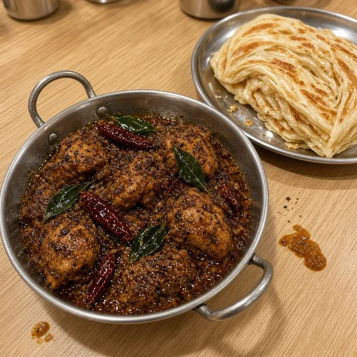 Chettinad chicken curry with dried red chillies and curry leaves, parotta on the side
