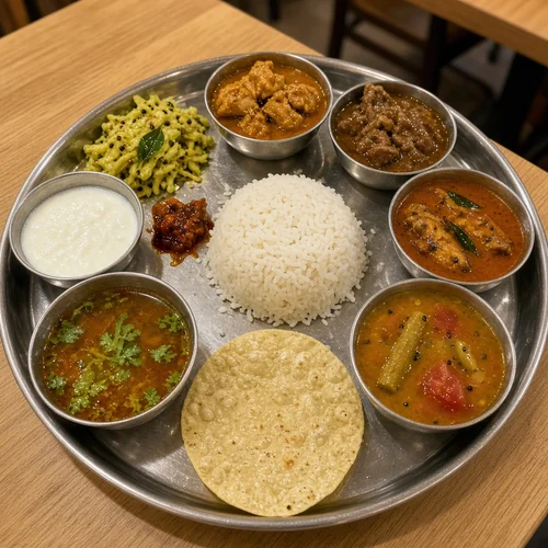 Non-veg thali with rice, chicken, mutton and fish curries, sambar, rasam, curd and pappadam