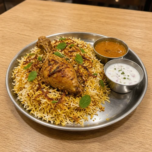 Chicken biryani with a chicken leg, fried onions and mint, raita and gravy on the side