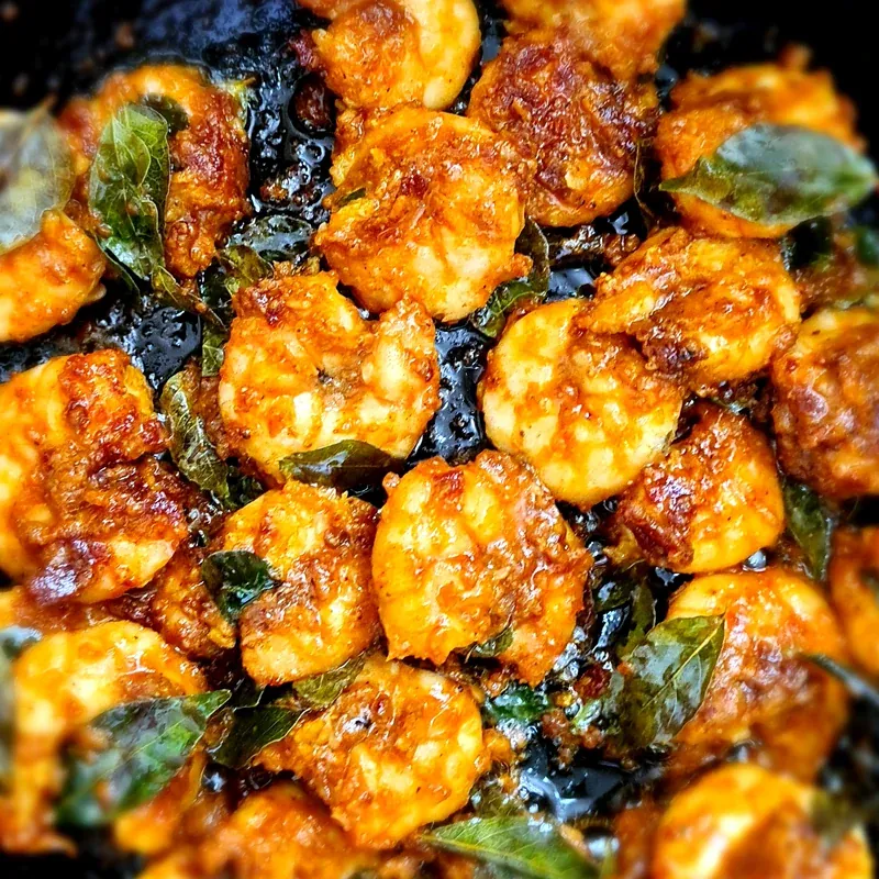 Madras shrimp fry with curry leaves